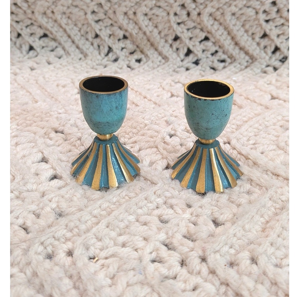 Vintage Israel Verdigris Brass Miniature Shabbat Candle Holders Set Teal Gold